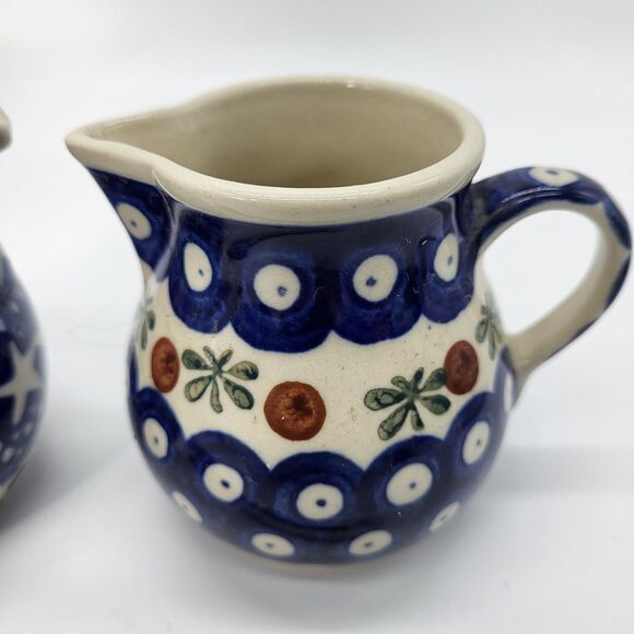 Boleslawiec Polish Pottery Stars & Blue Dot Design Small Creamer Set with Spoon - Picture 3 of 14